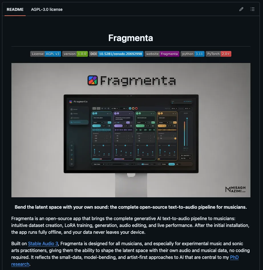 Fragmenta README — local text-to-audio pipeline with Performance Mode UI