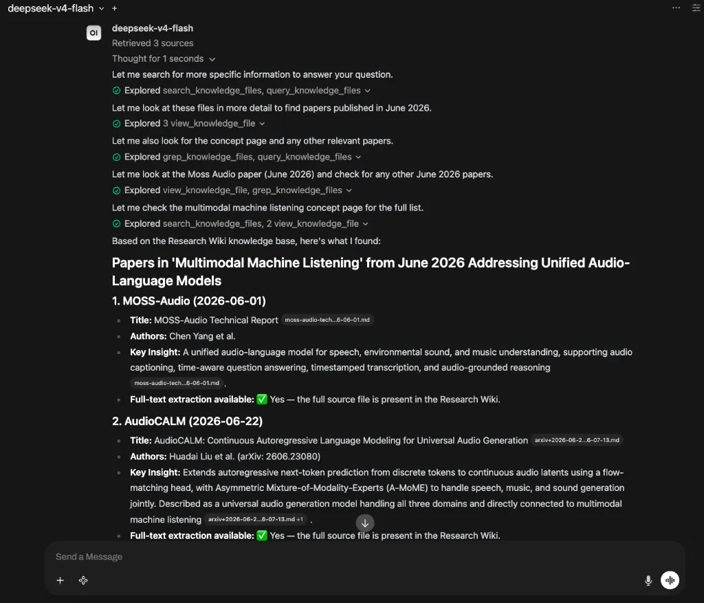 Open WebUI query over the Research Wiki — Multimodal Machine Listening / June 2026 papers